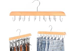 Belt Hangers with 14 Hooks Premium Belt Hanger for Closet Wooden Belt Organizer 360 Degree Swivel Chrome Hook for Belt, Bra, 