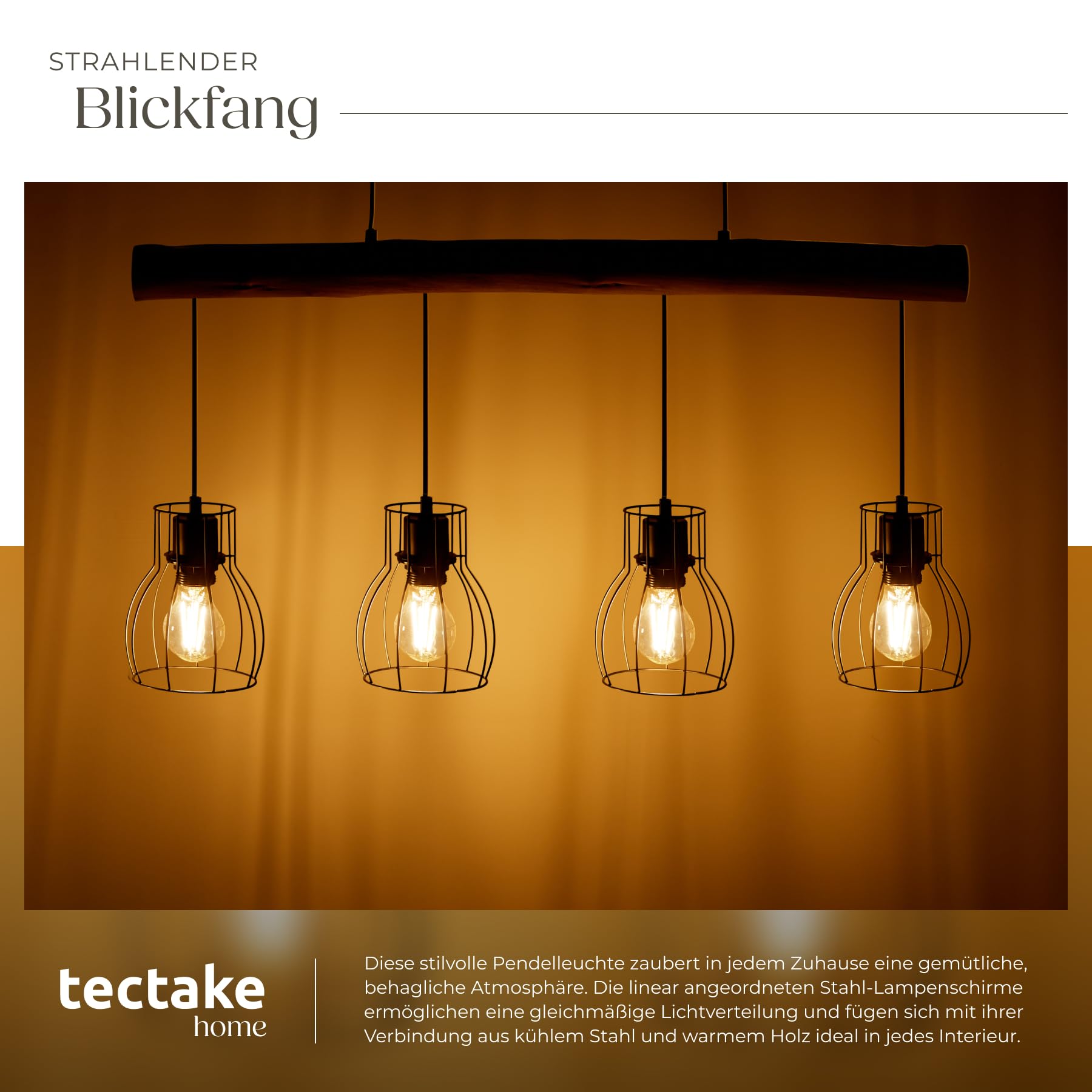tectake® Pendelleuchte, Lampe hängend 4-flammig, Deckenlampe schwarz mit Holzbalken, Industrial Style Wohnzimmer, Esszimmer Lampe, Wohnzimmerlampe, Flurlampe, Hängelampe Esstisch 5