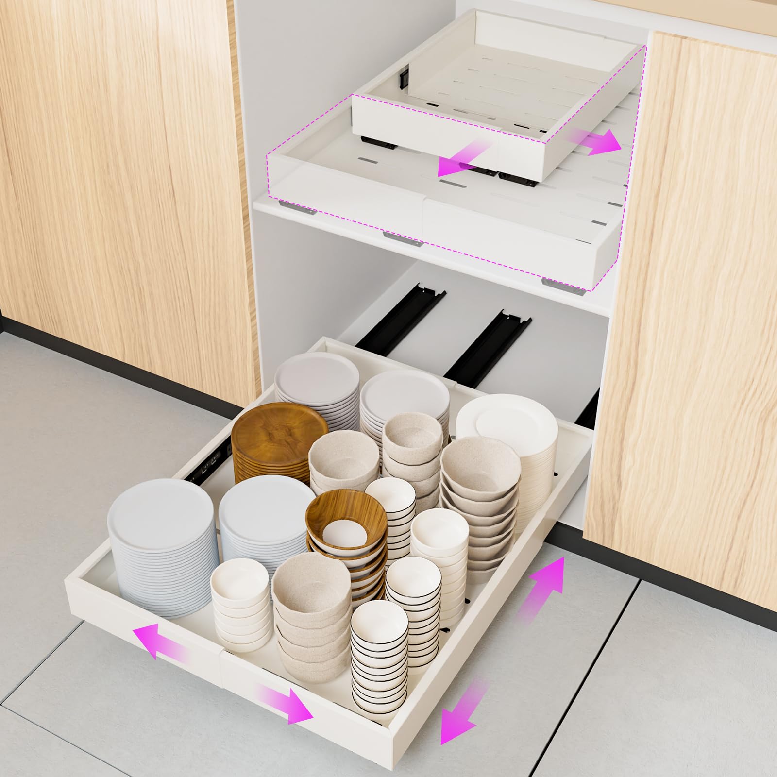 Photo 1 of Pull Out Cabinet Organizer Expandable Width(12"-20") and Depth(16"-22") Slide Out 13", Heavy Duty Drawers with 3 Rails, Adhesive Film or Nail Fixed Roll Out Shelf Storage for Kitchen, Bathroom, White