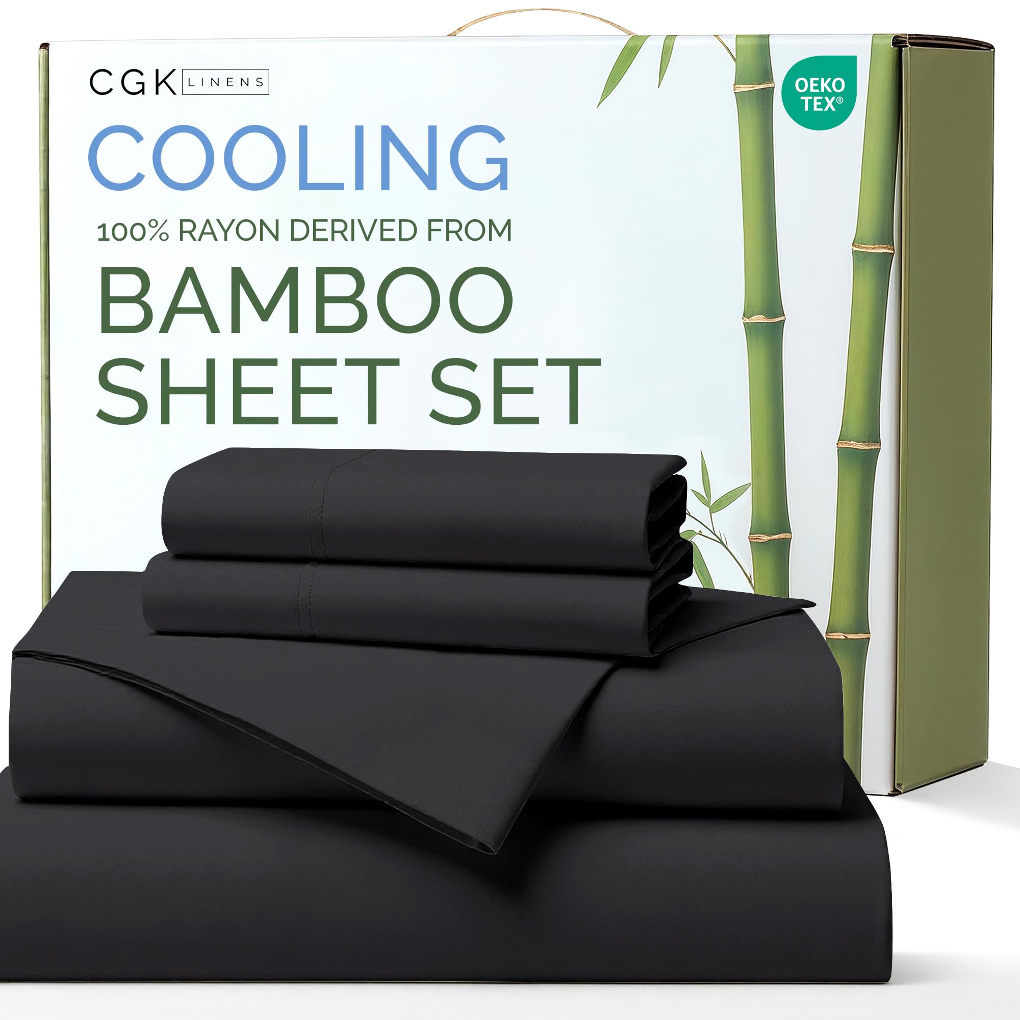 Photo 1 of 100% Rayon Derived From Bamboo - Bamboo Sheets Queen Size - Cooling Sheets for Queen - Ultra Soft, Breathable & Hotel Luxury Bedding - 1 Flat & 1 Fitted & 2 Pillowcases w/ 16 Inch Deep Pockets - Black