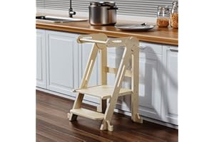 JPMKPD Kids Kitchen Step Stool, Foldable Toddler Tower, Height Adjustable Toddler Standing Tower with Safty Rail and Anti-Slip Device, Wooden Stool for 1.5-6 Years(Nature-Wood)