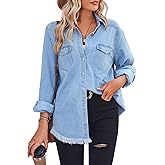 Zilcremo Women Denim Shirt Chambray Collared Jean Shirts Long Sleeve Pocket Button Down Blouses