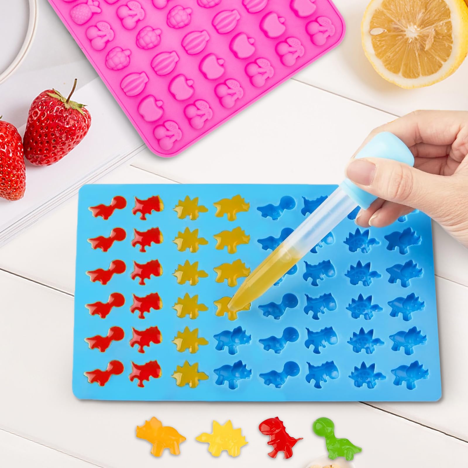 Gummy Candy Molds - Silicone Mini Gummy Bear/Dinosaur/Fruit Snack Molds for Kids With 2pcs Dropper,Non-stick and Bpa Free for Candy Chocolate Gummies Baking