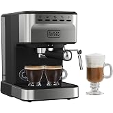BLACK+DECKER 15-Bar Espresso Machine with Milk Frother | Semi-automatic espresso maker for single or double shots with ground coffee or ESE pods, plus a removable 1.5L water tank.