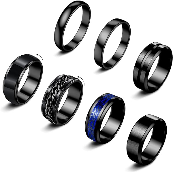 WFYOU 8 Anillos Giratorios De Acero Inoxidable Negro Para Hobres, Anillos Para Aliviar El