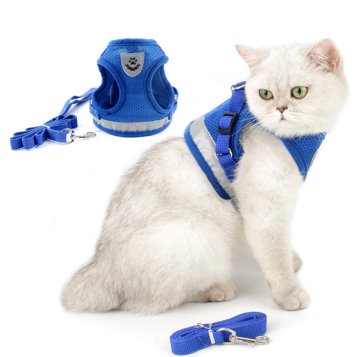 Cat Harness and Lead Set Escape Proof Adjustable Vest No Pull Reflective Walking Jackets Breathable Small dog Step In Harness Soft Mesh Padded for Puppy Kitten Blue S