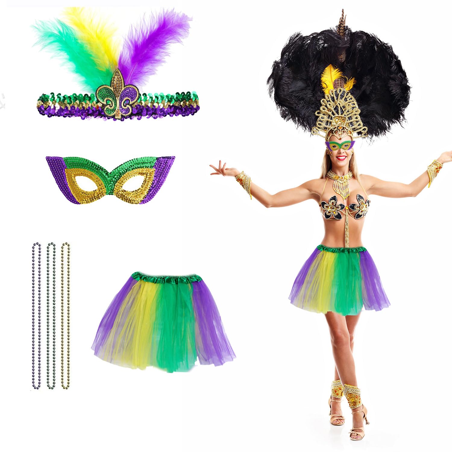MEISH 6 Pieces Mardi Gras Costume Accessories Set Faux Feather Headband Masquerade Mask Beads Necklaces Tutu Skirt for Women Girls