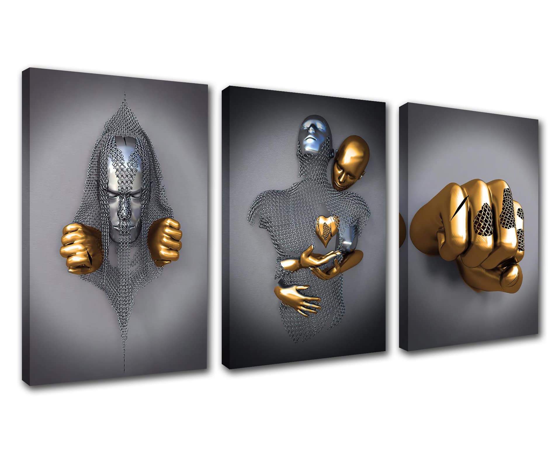 3pcs Love Heart 3D Wall Art Valentine's Day Gift Abstract Metal Figure Sculpture Canvas Painting Hanging Gray Gold Fist Picture for Bathroom Decor Canvas Home Style Ready to Hang 60''Wx28''H