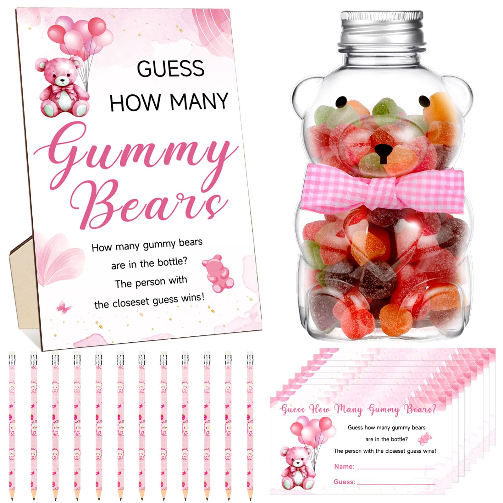 Photo 1 of 123 Pcs Baby Shower Games Guess How Many Bears 100 Guessing Cards 20 Pencils 1 Cute Bear Bottle 1 Roll Ribbon 1 Wood Standing Sign for Baby Shower Guests Gender Reveal Party Decoration(Pink)