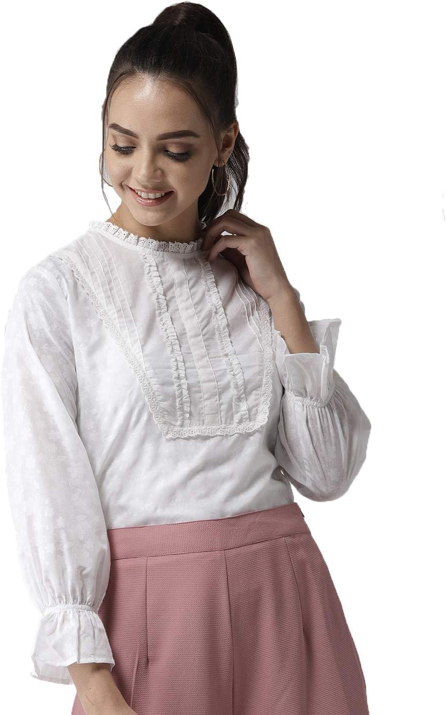 Women Off-White Printed Semi-Sheer Top - White