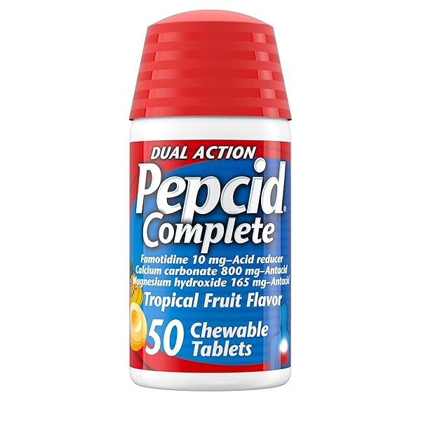 PEPCID COMPLETE ACID REDUCER + ANTACID FOR ACID REFLUX, 10MG FAMOTIDINE, 800MG CALCIUM CARBONATE & 165MG MAGNESIUM HYDROXIDE PER HEARTBURN TABLET, ANTACID CHEWS, TROPICAL FRUIT, 50 CT