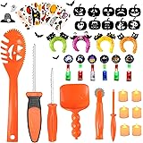 Pumpkin Carving Kit for Kids - 6 Halloween Pumpkin Carving Tools Set, 6 LED Candles, 4 Balloon Headbands, 6 LED Rings, 6 Pump