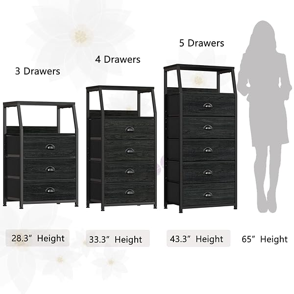 FURNULEM TALL 4 DRAWERS DRESSER, VERTICAL STORAGE TOWER BLACK DRESSER FOR BEDROOM, HALLWAY, ENTRYWAY, NURSERY, CLOSET ORGANIZER, NIGHTSTAND BEDSIDE TABLE FURNITURE, STURDY STEEL FRAME, WOOD TOP