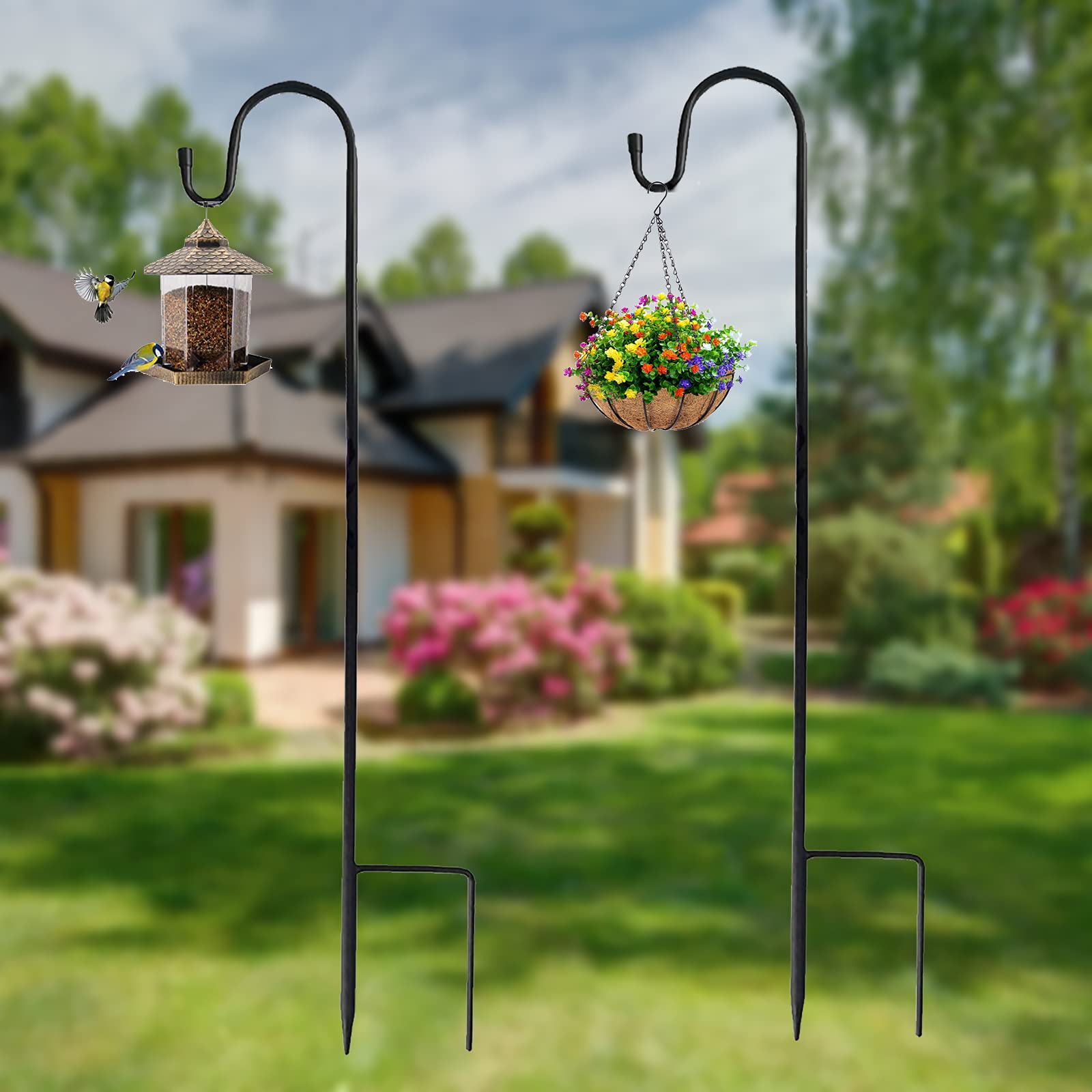 XRR Black 2 Pack 120cm Adjustable Metal Garden Stakes Shepherds Crooks for Garden Lights, Rust Resistant Shepherds Crook Hooks for Bird Feeders/Lanterns/Weddings Plant Baskets
