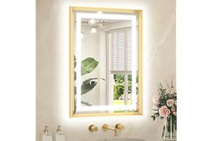TETOTE 22 x 30 Bathroom LED Mirror Brushed Gold Metal Frame Frontlit & Backlit Vanity Mirror Anti-Fog Stepless Dimmable 3 Colors White/Warm/Natural Mirror with Lights Wall-Mounted
