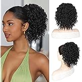 QGZ Curly Ponytail Extension,Drawstring Ponytail for Black Women 10 Inch Synthetic Short Hair Two Styles in One Versatile Pony Tails(Black)