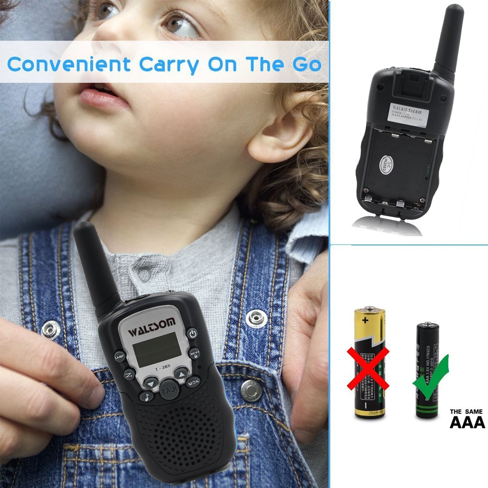 WALTSOM Kids Walkie Talkies, 2 Pack Portable T388 3KM Long Rang UHF Radio 22 FRS and GMRS Walky Talky for Camping/Summer Camp/Spring Outing Indoor Outdoor Activities, Best Gift for Child (Black)