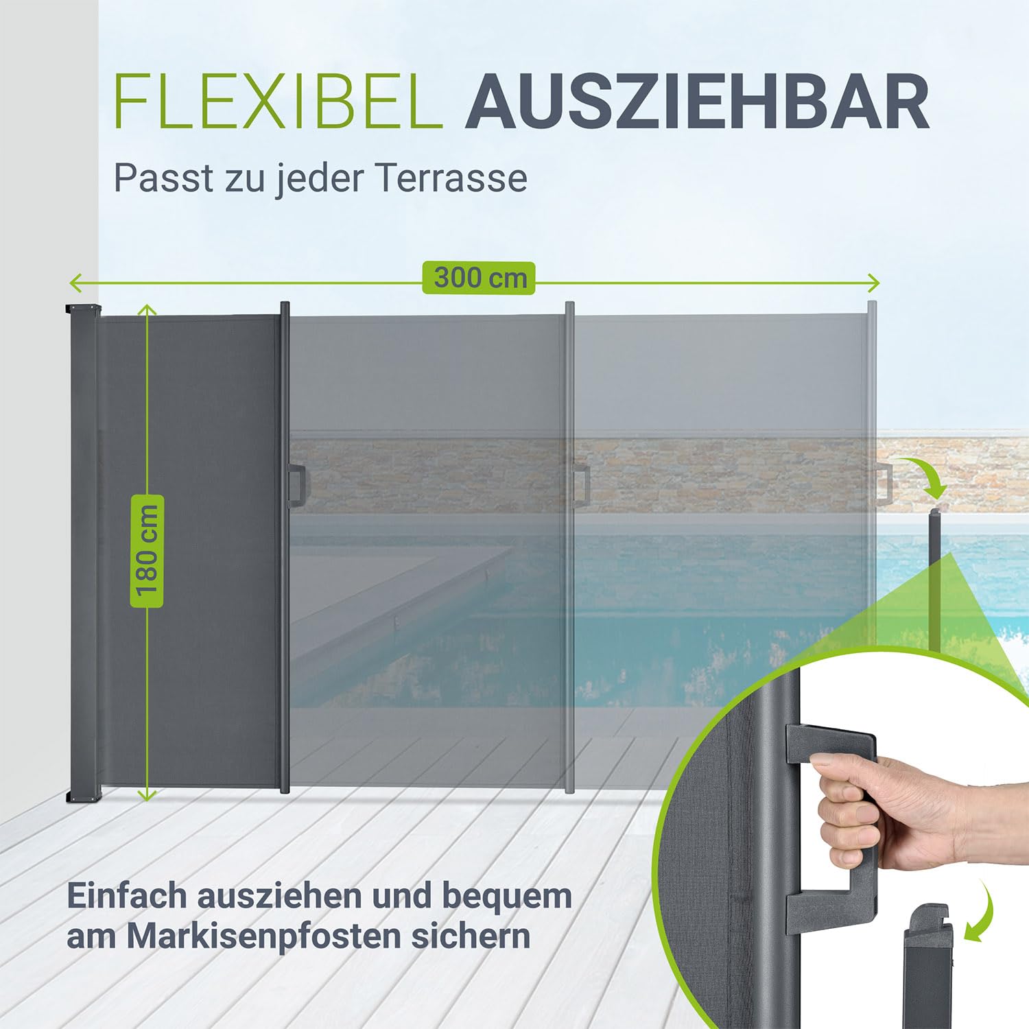 Juskys® Seitenmarkise Dubai 180 x 300 cm ausziehbar Blickdicht, Sichtschutz für Balkon & Terrasse, Seitenrollo mit Wandhalterung - grau 3