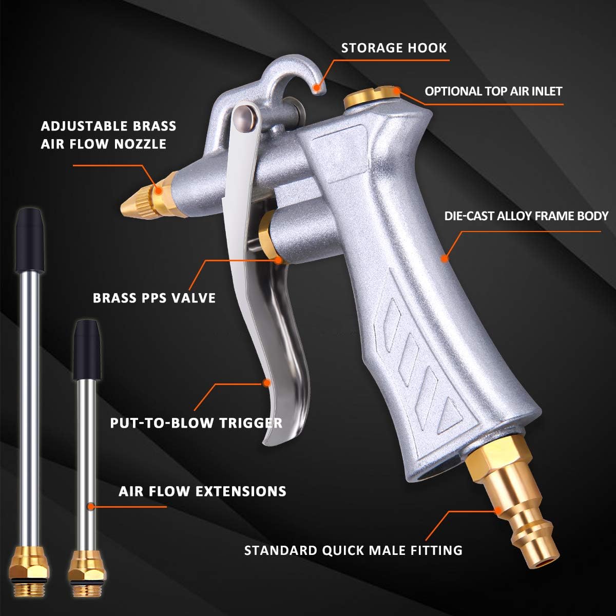 Industrial Air Blow Gun with Brass Adjustable Air Flow Nozzle and 2 Steel Air flow Extension, Pneumatic Air Compressor Accessory Tool Dust Cleaning Air Blower Gun - - 