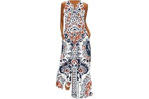 HUNENY Summer Dresses for Women 2024 Boho Floral Maxi Dress V Neck Sleeveless Vintage Ruffle Flowy Beach Dress with Pocket
