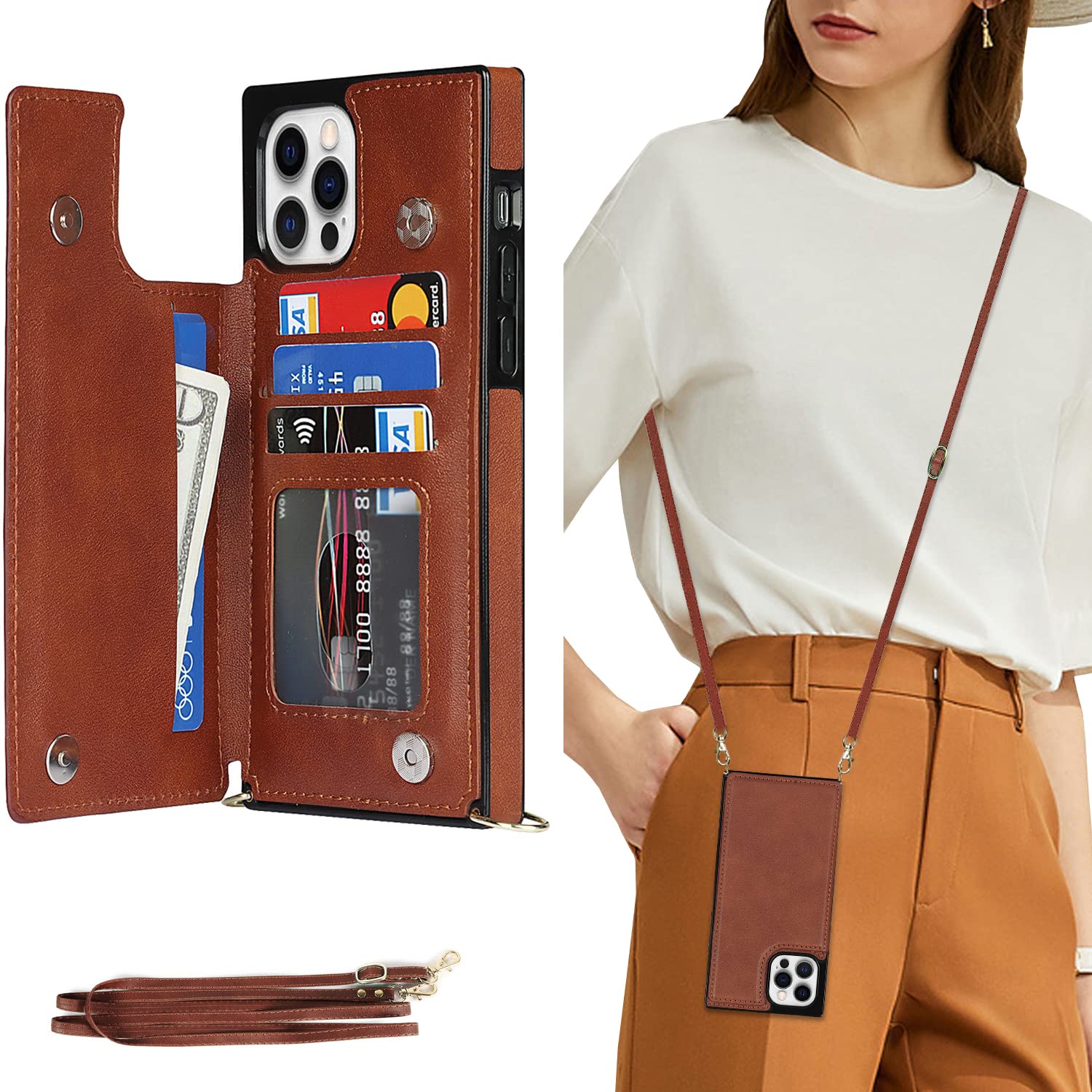 DEFBSC Compatible with iPhone 14 Pro Max Case, Crossbody Wallet Case, Adjustable Detachable Lanyard Neck Strap with Kickstand Card Holder Premium Leather Protective Back Cover - Brown