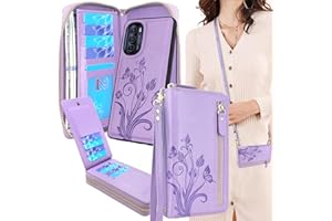 Lacass Compatible with Moto G Stylus 5G 2022 XT2215 Crossbody Chain Dual Zipper Detachable Magnetic Leather Wallet Case Cover Wristlets Wrist Strap 13 Card Slots Money Pocket(Floral Purple)