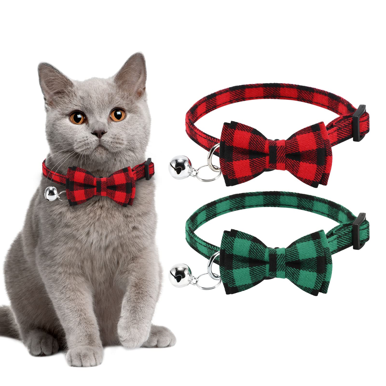 Cat Collar with Bell and Bow Tie, Quick Release Safety Collars for Kitten and Cats, Soft Cat Collar (S:18-28 cm (Pack of 2), red+green)