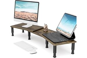 AX WABER Dual Monitor Stand Riser, Monitor Stand with Adjustable Length and Angle, Wood Monitor Stand for Desk, Monitor Riser for 2 Monitors with Storage Space