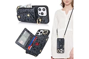 Lipvina for iPhone 15 Pro Case with Card Holder and Strap - Zipper Pocket,Crossbody Lanyard Strap,Credit Card Holder,Stand Ring,Cute Phone Wallet Case for Women(Black Leopard,6.1 Inch)