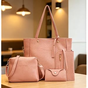4 Pcs Women's Purse Set, Pink PU Leather Top Handle Tote Crossbody Handbag with Clutch and Card Case, Multi-Functional Casual