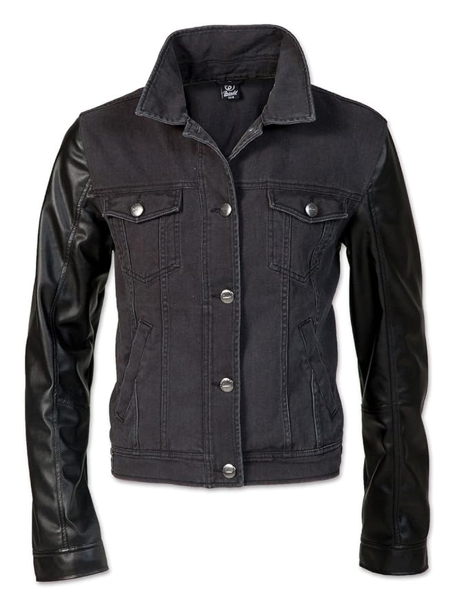 Black Denim Jeans Jacket Faux Leather Sleeves (L) Amazon.co.uk Clothing