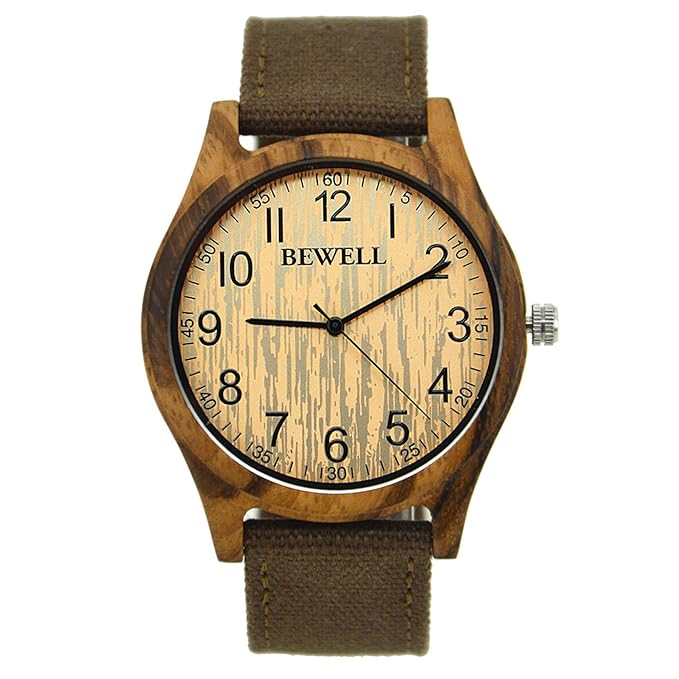 BEWELL Mens Wood Armbanduhr Analog Quartz Movement Canvas Strap Uhren f¨¹r Frauen W124B