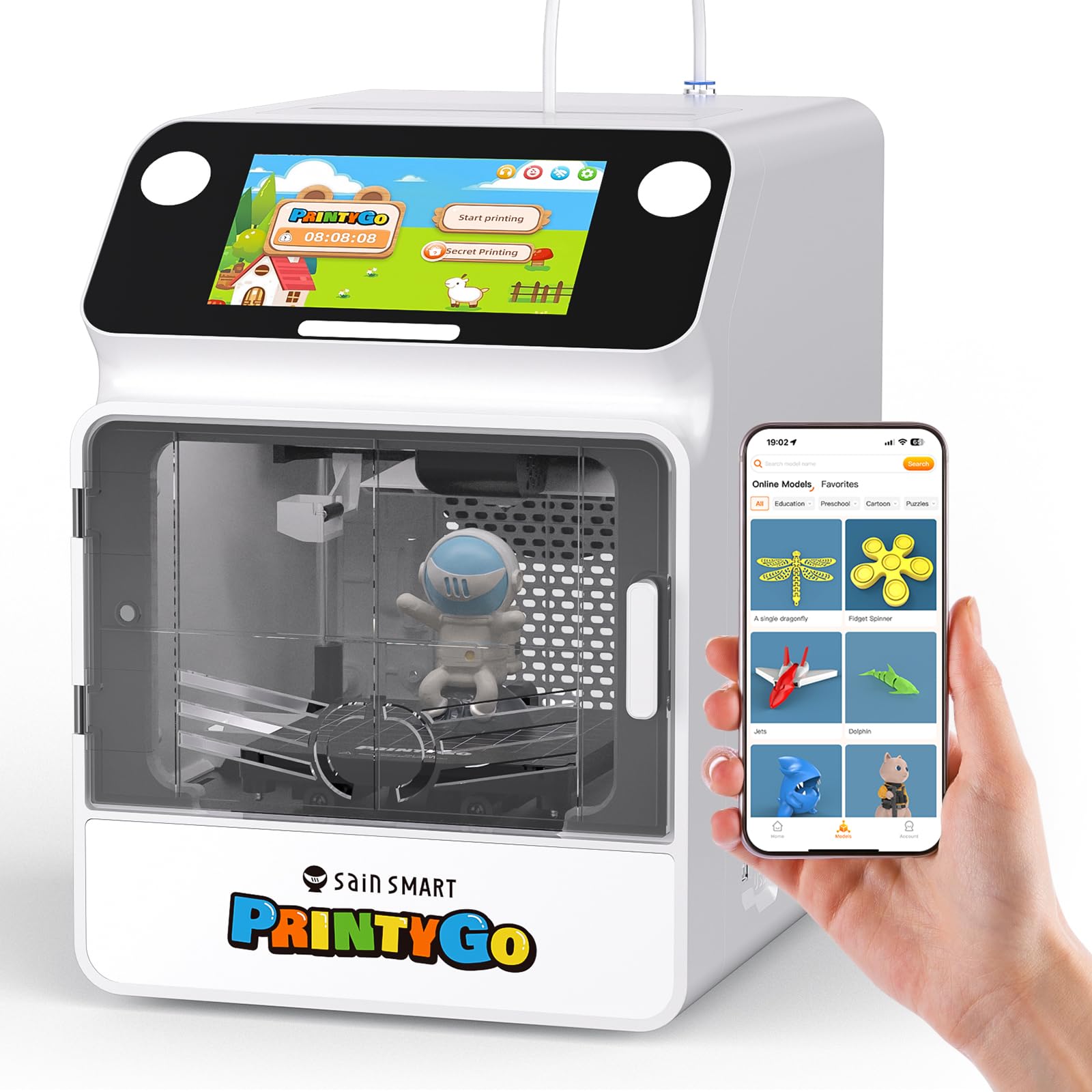 Photo 1 of **PARTS ONLY**SainSmart PrintyGo Mini 3D Printer for Kids, 600mm/s Auto Leveling Printer for Beginners with 5" Touch Screen, 1500+ Models, Child-Safe Design, Wi-Fi/App Control, Pre-Assembled for STEM Learning Gift