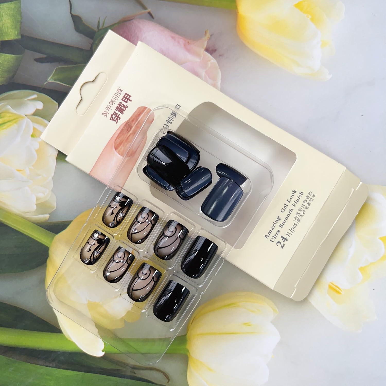 OHWODA Black Press on Nails Short Square Fake Nails Black Vine Acrylic Glue on Nails Full Cover Glossy Nails Press ons Short Stick on Nails Summer Artificial Nails for Women Girls - 24Pcs - Image 4