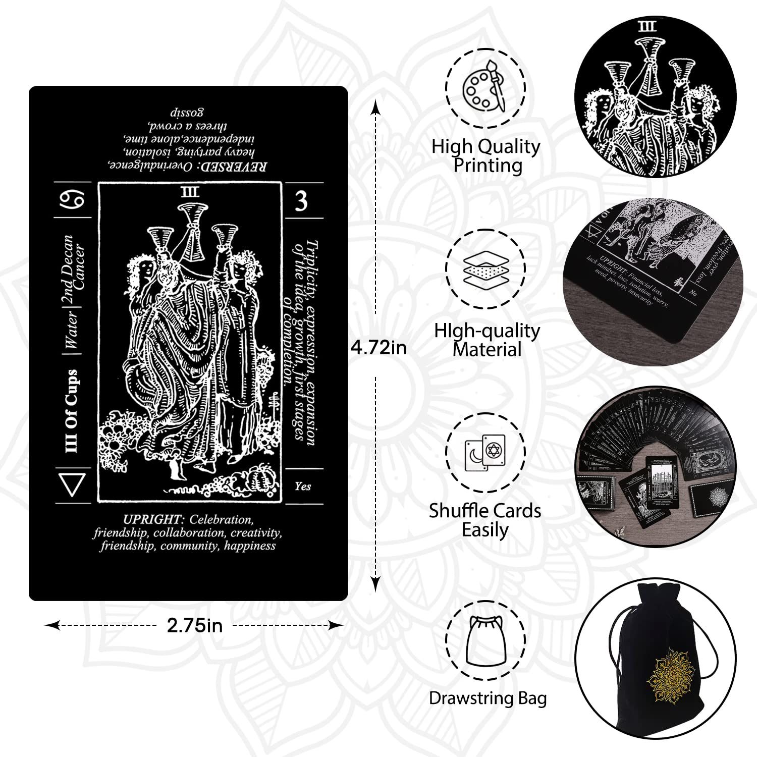 Sincerez Tarot Cards Deck for Beginners with Meanings On Them,Tarot Card with Guidebook (black)
