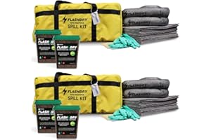 EARTHSAFE Set of 2 FlashDry Pro Portable Complete Spill Kits - Yellow Duffle, Bag Tag, 15 Absorbent Pads, 2 3"x 4' Sorbent Socks, Disposal Bags, Nitrile Gloves, Two 5L Buckets of 100% Organic, Lightweight Coir