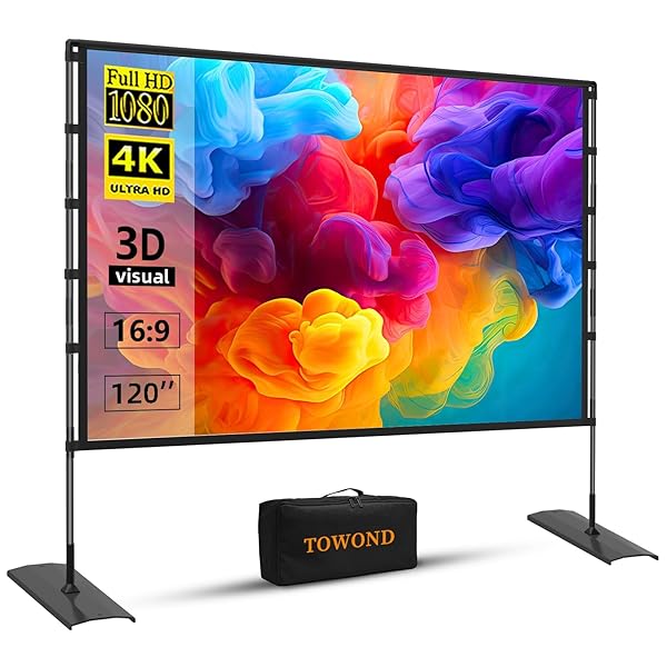 TOWOND PROJECTOR SCREEN AND STAND, 120 INCH OUTDOOR PROJECTOR SCREEN INDOOR, PORTABLE MOVIE SCREEN 16:9 4K FRONT REAR PROJECTION SCREEN WITH CARRY BAG WRINKLE-FREE DESIGN FOR HOME BACKYARD THEATER