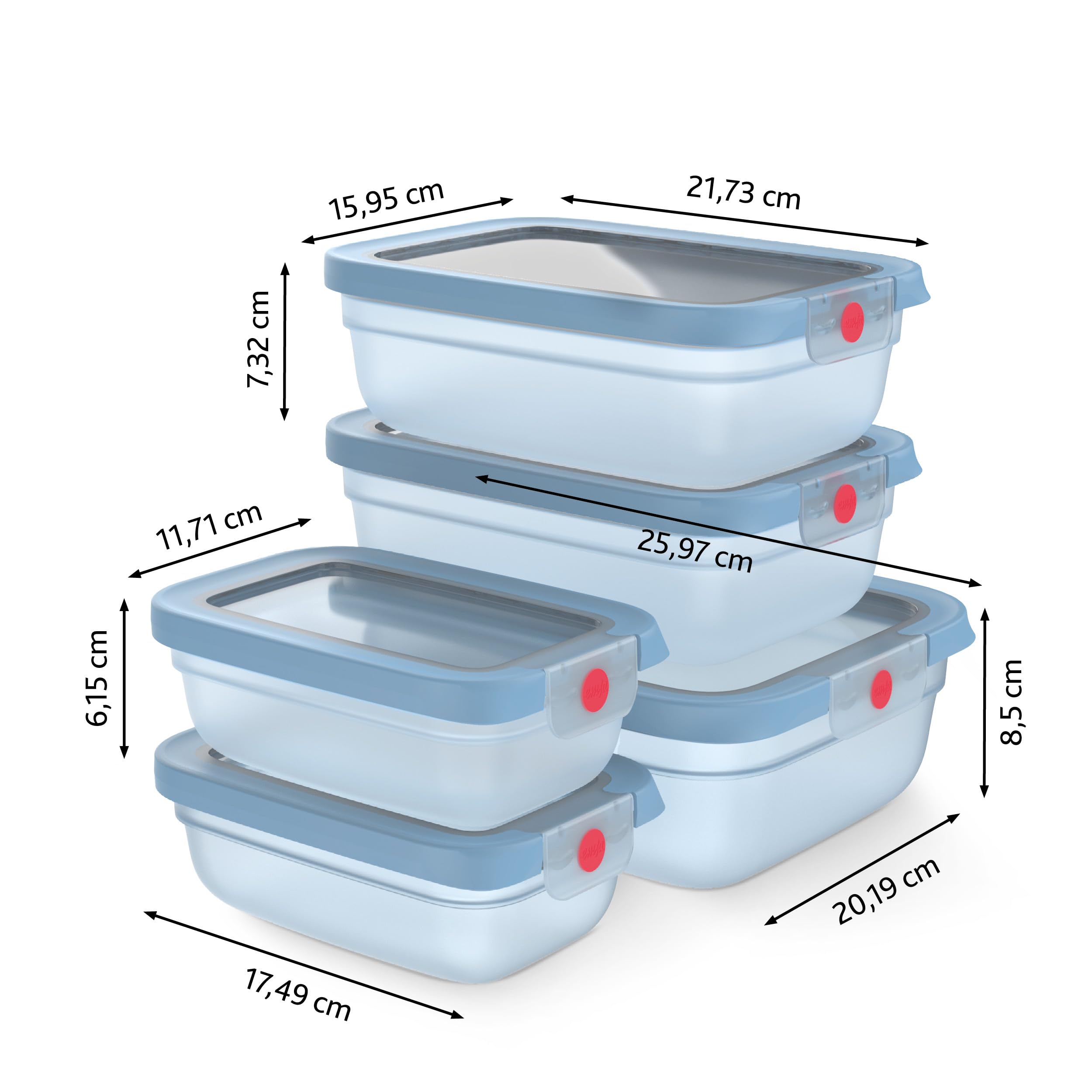 Emsa oneClick Frischhaltedosen, 5-teiliges Set, 2x0,5, 2x1,2, 1x2,3L, 100 Prozent dicht, Made in Germany, gefrier-, mikrowellen- und spülmaschinengeeignet, platzsparend, blau, N1230900 2