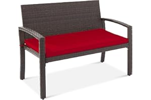 Best Choice Products Outdoor Bench 2-Person Wicker Garden Patio Benches Seating Furniture for Backyard, Porch w/Seat Cushion, 700lb Capacity - Brown/Red