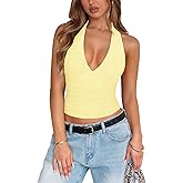 Women's Sexy Halter Tops for Women Summer Deep V Neck Mesh Ruched Tie Strap Backless Going Out Crop Top