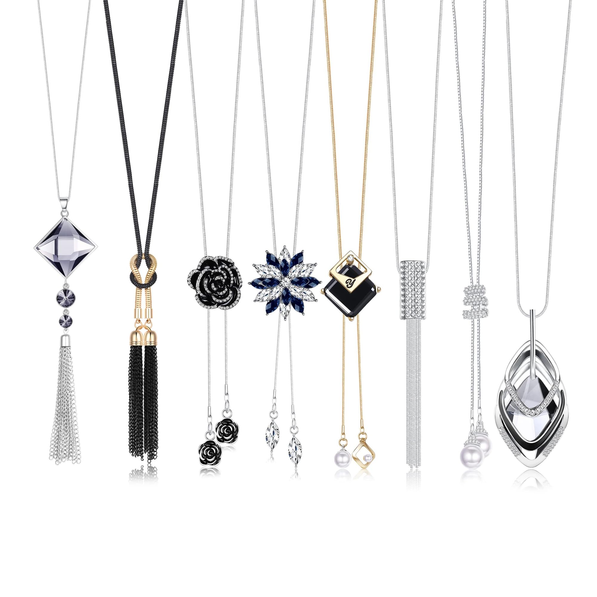 Finrezio 8Pcs Long Pendant Necklace for Women Long Sweater Necklace Y Necklace Gold Bar Feather Tassel Leaf Triangle Leopard Circle Rhinestone Necklace Sweater Necklace Jewelry Set