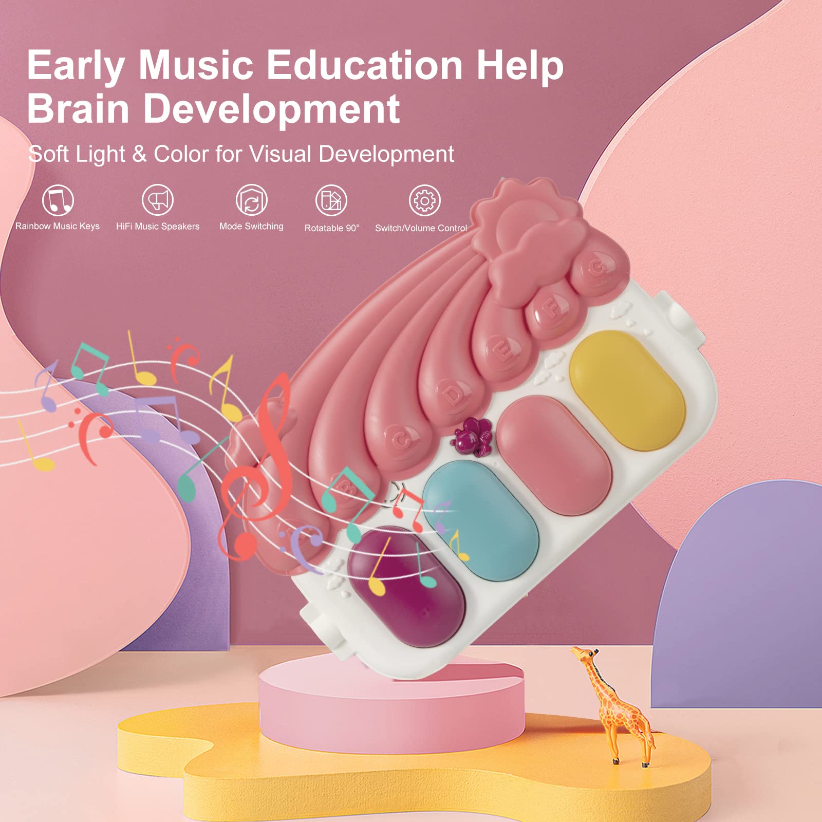 dearlomum Play Mat & Activity Gym, Piano Tummy Time Gym Mat with 5 Infant Sensory Toys, Music and Lights, Gifts for Newborns 0–12 Months (Pink)