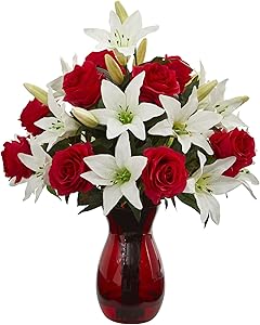 Nearly Natural Roses & Lilies Artificial Red Vase Silk Arrangements White