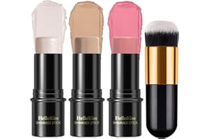 LEZERO 3 Pcs Face Contour Stick Kit, Matte Finish Face Stick Trio with Bronzer Blush Highlighter and Brush, Long Lasting Waterproof Cream Beauty Wand Makeup Set for Sculpt Glowing Face Look (#1, 8, 13)