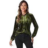 Allegra K Women's Velvet Shirt Christmas Casual Long Sleeve Button Down Blouse Top