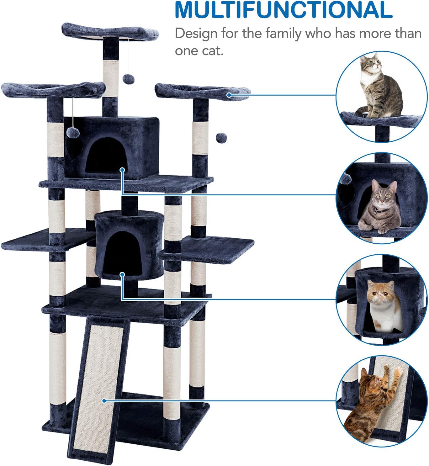 ScratchMe 67 inch Cat Tree Tower with Hammock & Scratching Post, Navy Blue : Pet Supplies