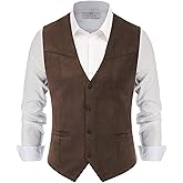 PJ PAUL JONES Men's Western Cowboy Suit Vest Slim Fit Faux Suede Leather Dress Vests Waistcoat for Wedding