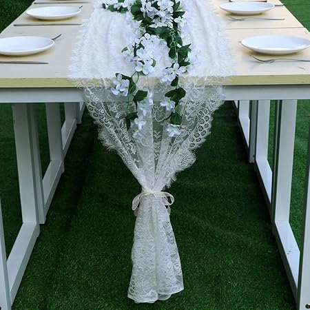 Aparty4u 70x300cm weiß Spitze Tischläufer Classy Blumen Tischläufer für Boho Thema Hochzeit Festival Weihnachten Party Home D