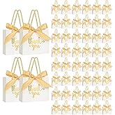 Nimbbex 50Pack Thank You Gift Bags with Handles, Party Favor Bags 5.5x2.3x4.7 Inches Small White Gift Bags with Handles, Mini Paper Candy Bags with Gold Ribbon for Wedding Baby Shower Birthday