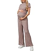 OYOANGLE Women's Maternity Lounge Set 2 Piece Ribbed Knit Short Sleeve Top and Pants Pajama Set Sleepwear